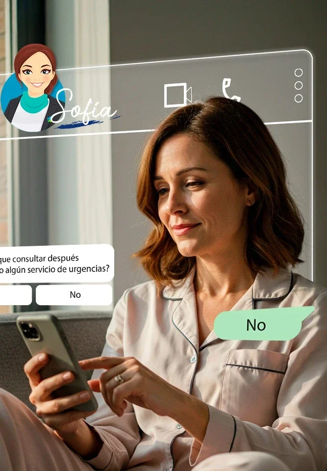 Paciente recibe apoyo del chatbot Sofía de la Clínica El Carmen a través de su celular tras el egreso médico.